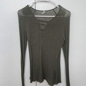 Free People V Neck Long Sleeve Hunter Green, Small